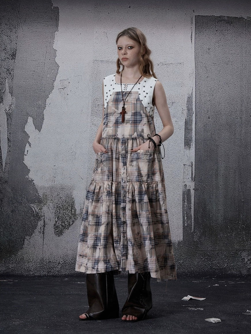 FULLTIDE 100 Percent Cotton A Line Round Neck Sleeveless White Check Women Office Dresses