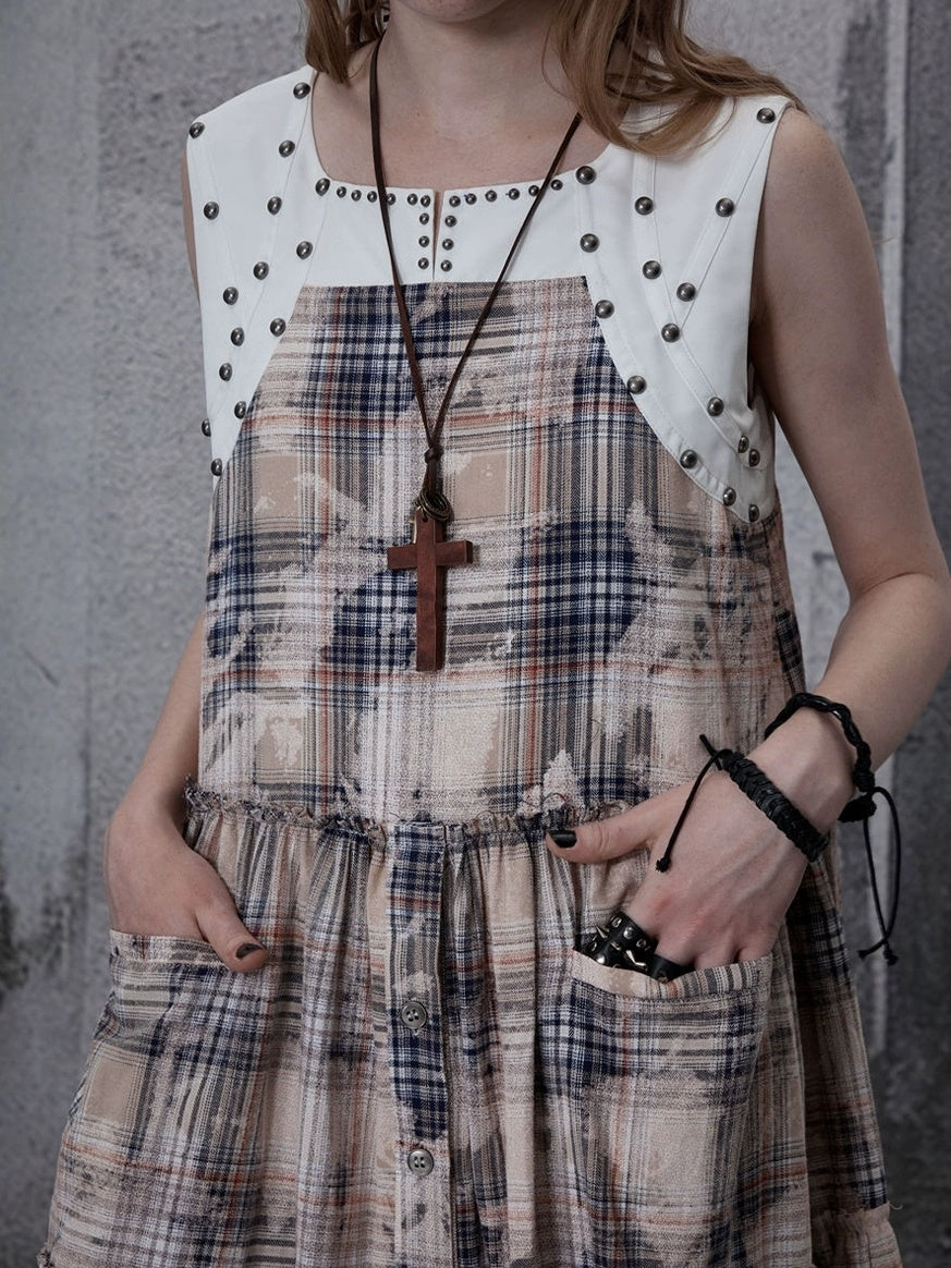 FULLTIDE 100 Percent Cotton A Line Round Neck Sleeveless White Check Women Office Dresses