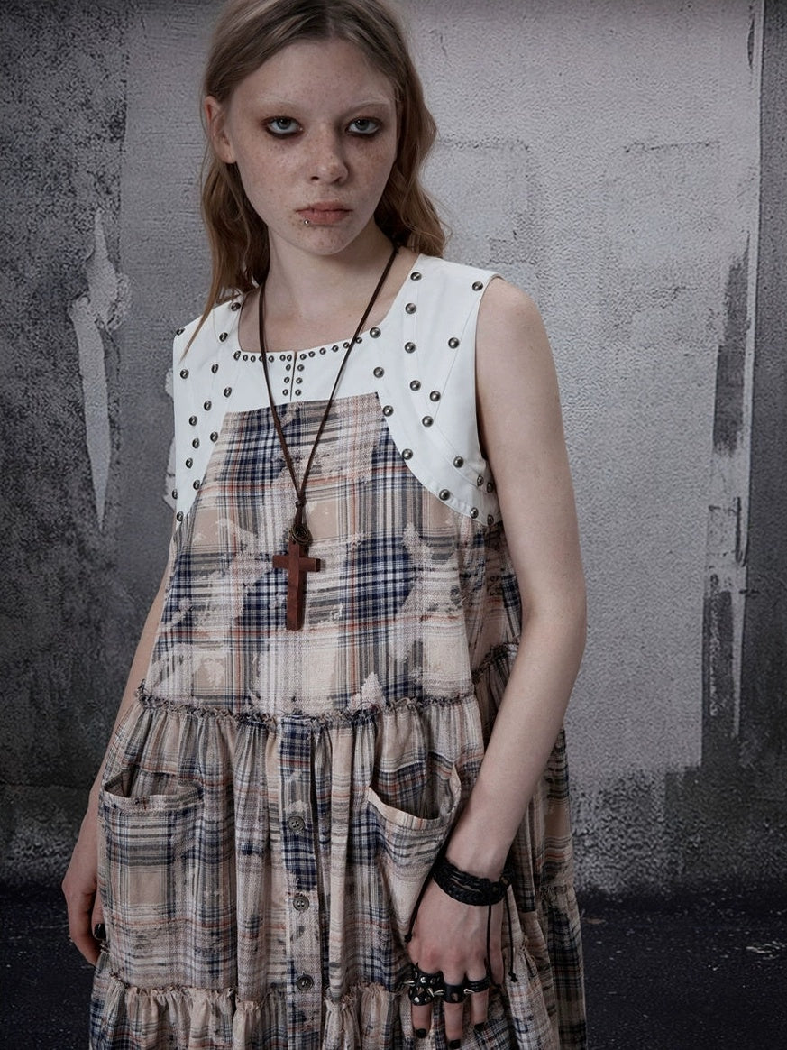 FULLTIDE 100 Percent Cotton A Line Round Neck Sleeveless White Check Women Office Dresses