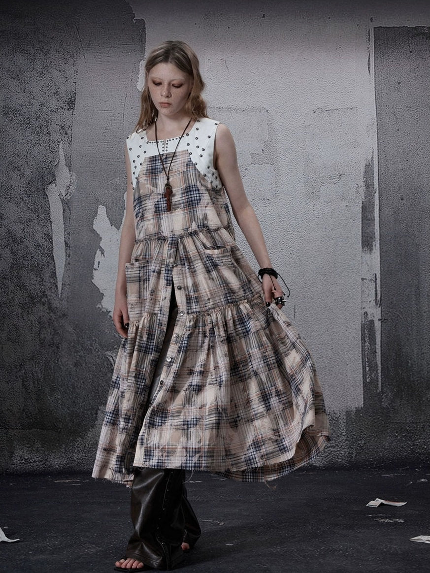 FULLTIDE 100 Percent Cotton A Line Round Neck Sleeveless White Check Women Office Dresses