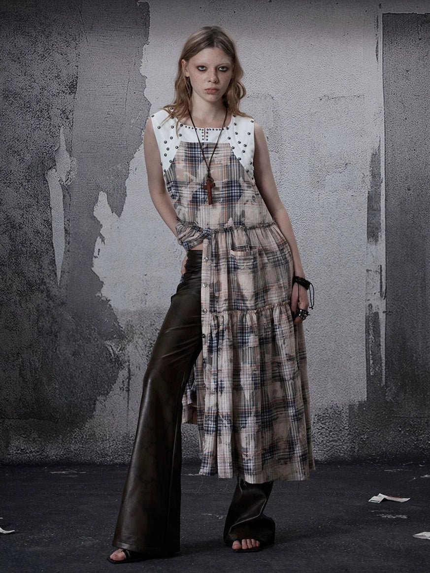 FULLTIDE 100 Percent Cotton A Line Round Neck Sleeveless White Check Women Office Dresses