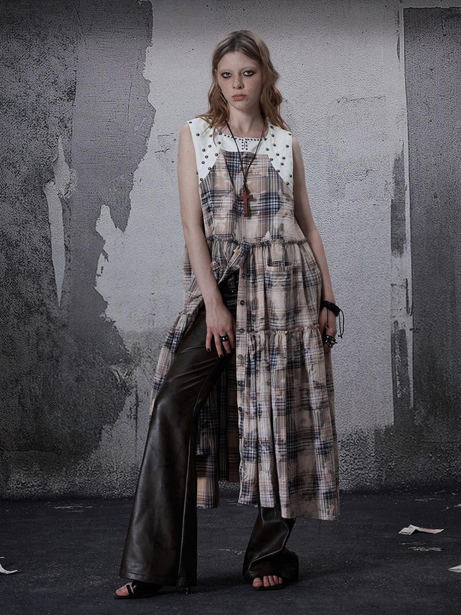 FULLTIDE 100 Percent Cotton A Line Round Neck Sleeveless White Check Women Office Dresses