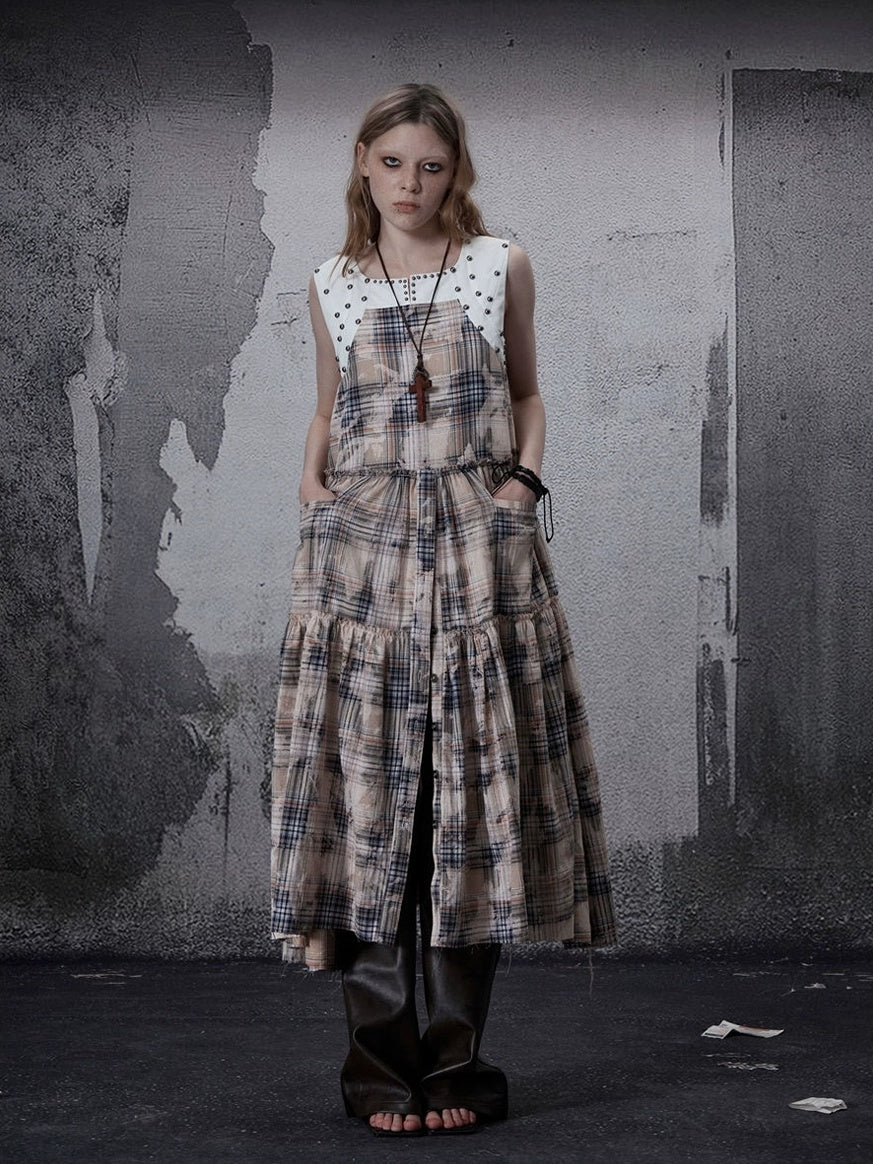 FULLTIDE 100 Percent Cotton A Line Round Neck Sleeveless White Check Women Office Dresses