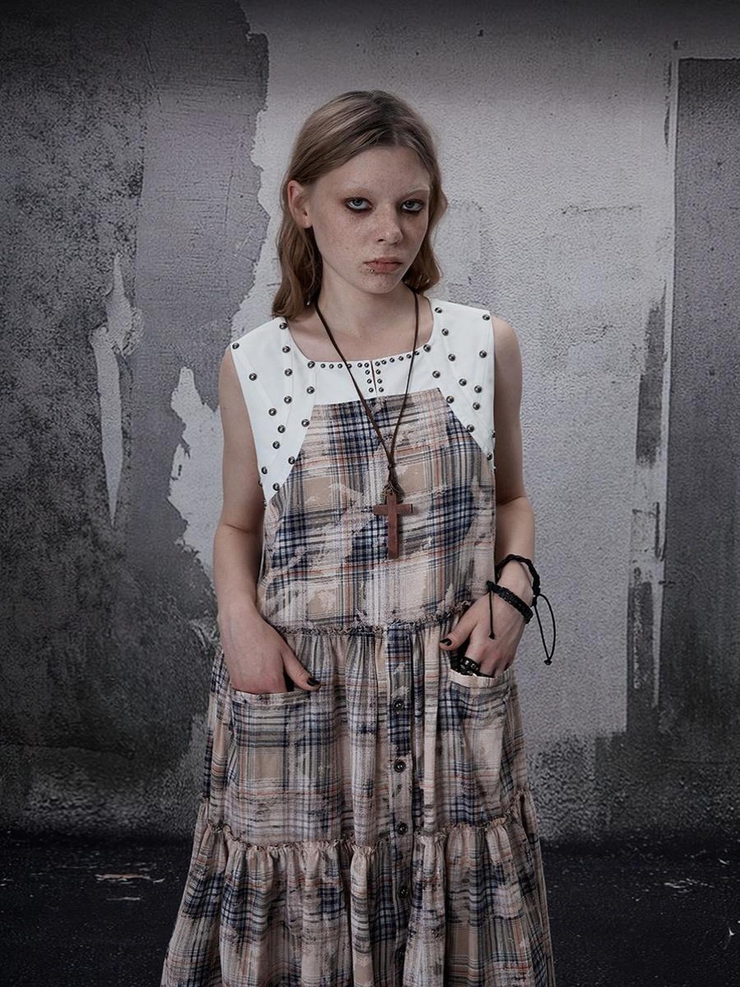 FULLTIDE 100 Percent Cotton A Line Round Neck Sleeveless White Check Women Office Dresses