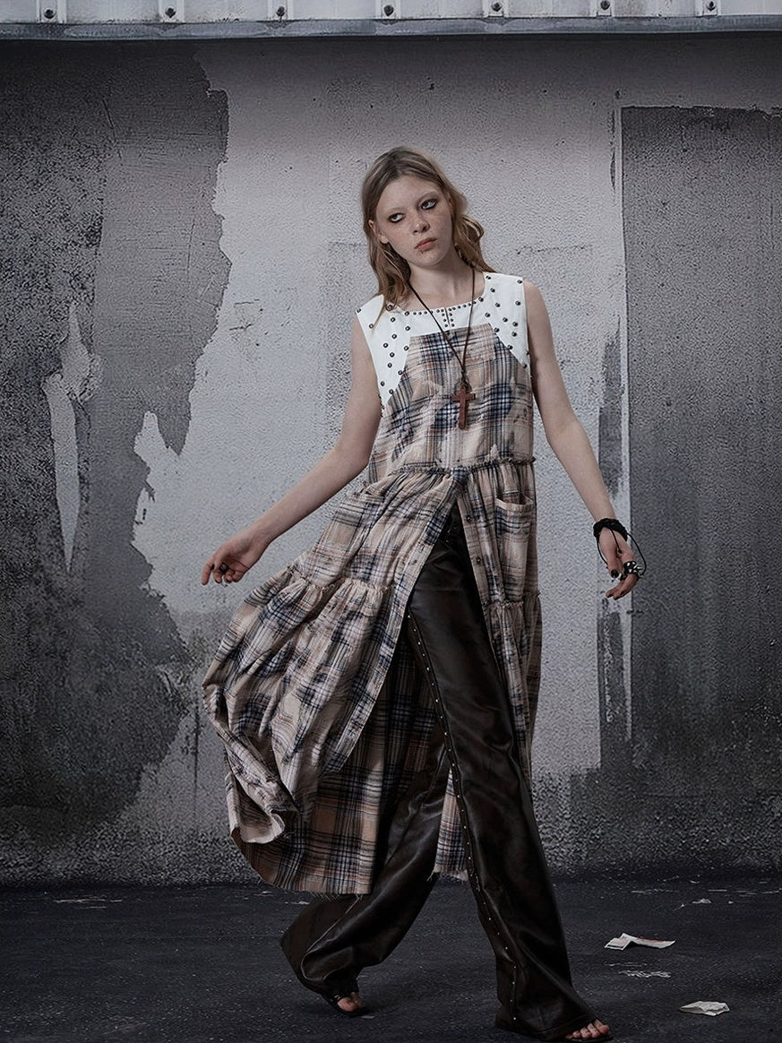 FULLTIDE 100 Percent Cotton A Line Round Neck Sleeveless White Check Women Office Dresses