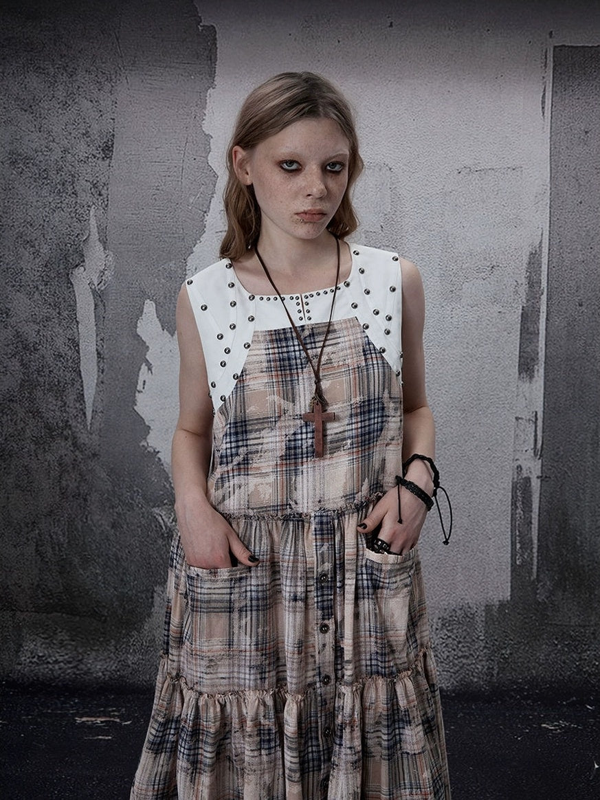 FULLTIDE 100 Percent Cotton A Line Round Neck Sleeveless White Check Women Office Dresses