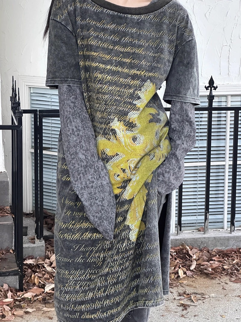 FULLTIDE_100_Percent_Cotton_Streetwear_Crew_Neck_Mid_Length_Women_Gray_Yellow_T-Shirt_MISSTT