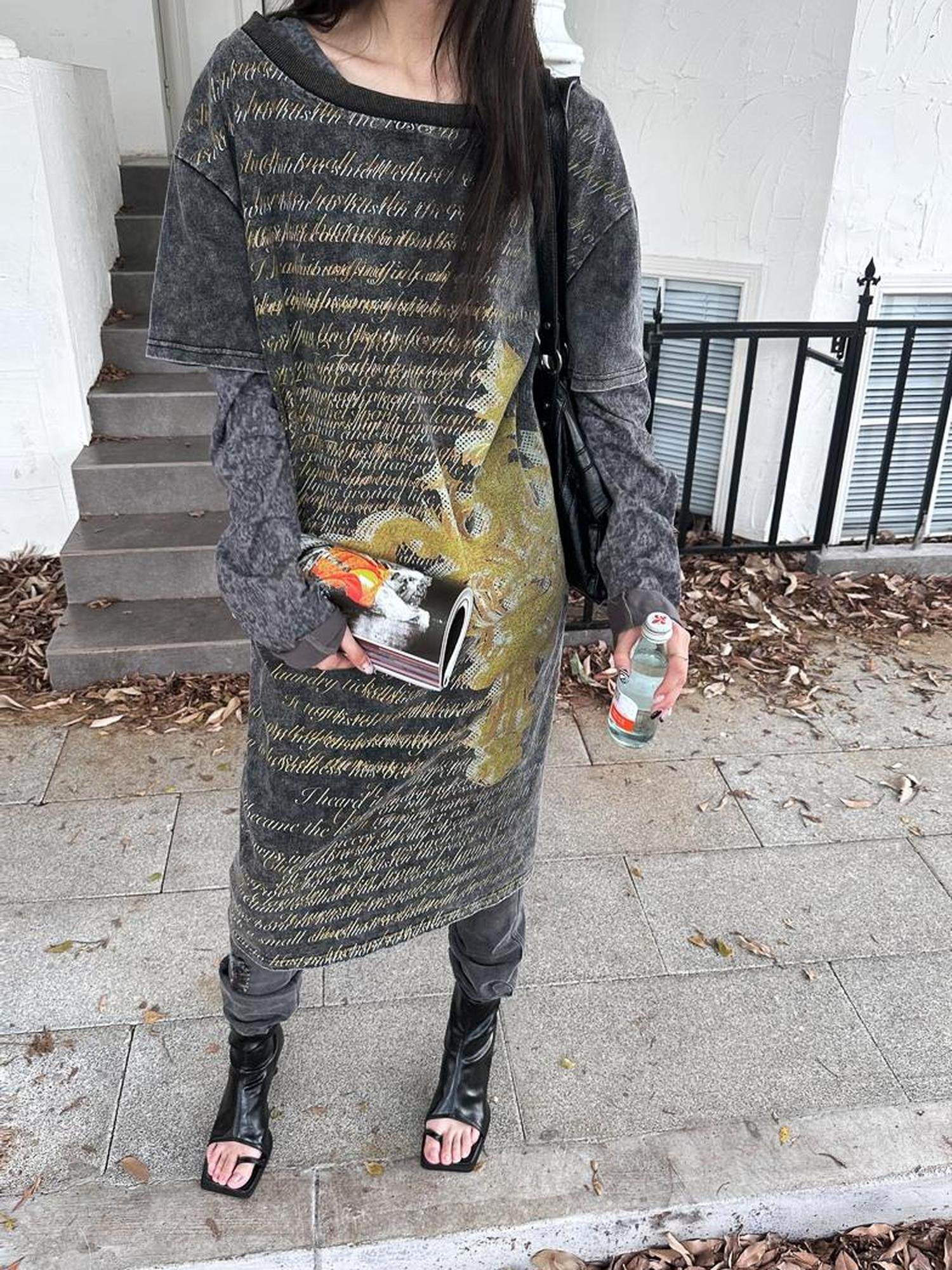 FULLTIDE 100 Percent Cotton Streetwear Crew Neck Mid Length Women Gray Yellow T-Shirt