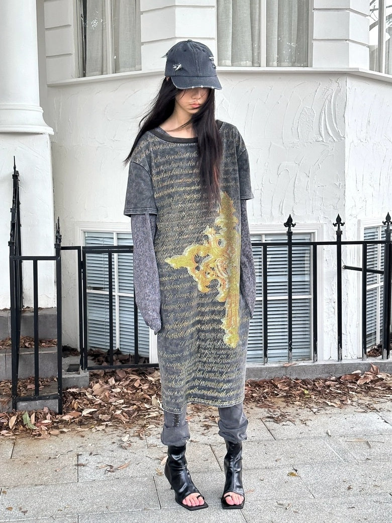 FULLTIDE 100 Percent Cotton Streetwear Crew Neck Mid Length Women Gray Yellow T-Shirt