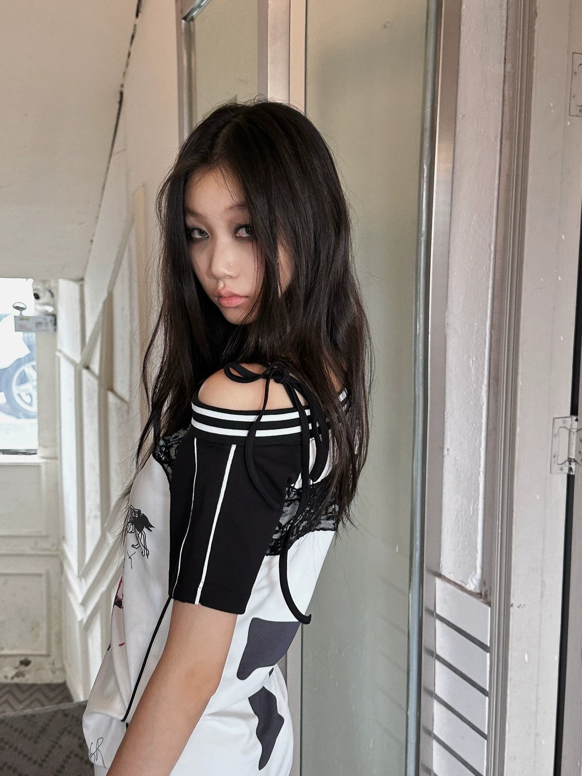 FULLTIDE 100 Percent Cupro Faux Layered Ins Asymmetric Lace U Neck Women T-Shirt