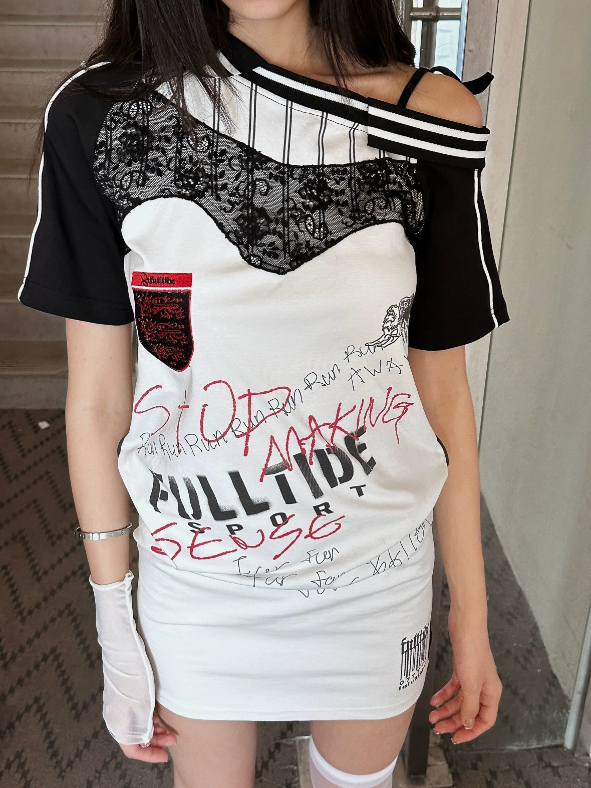 FULLTIDE 100 Percent Cupro Faux Layered Ins Asymmetric Lace U Neck Women T-Shirt