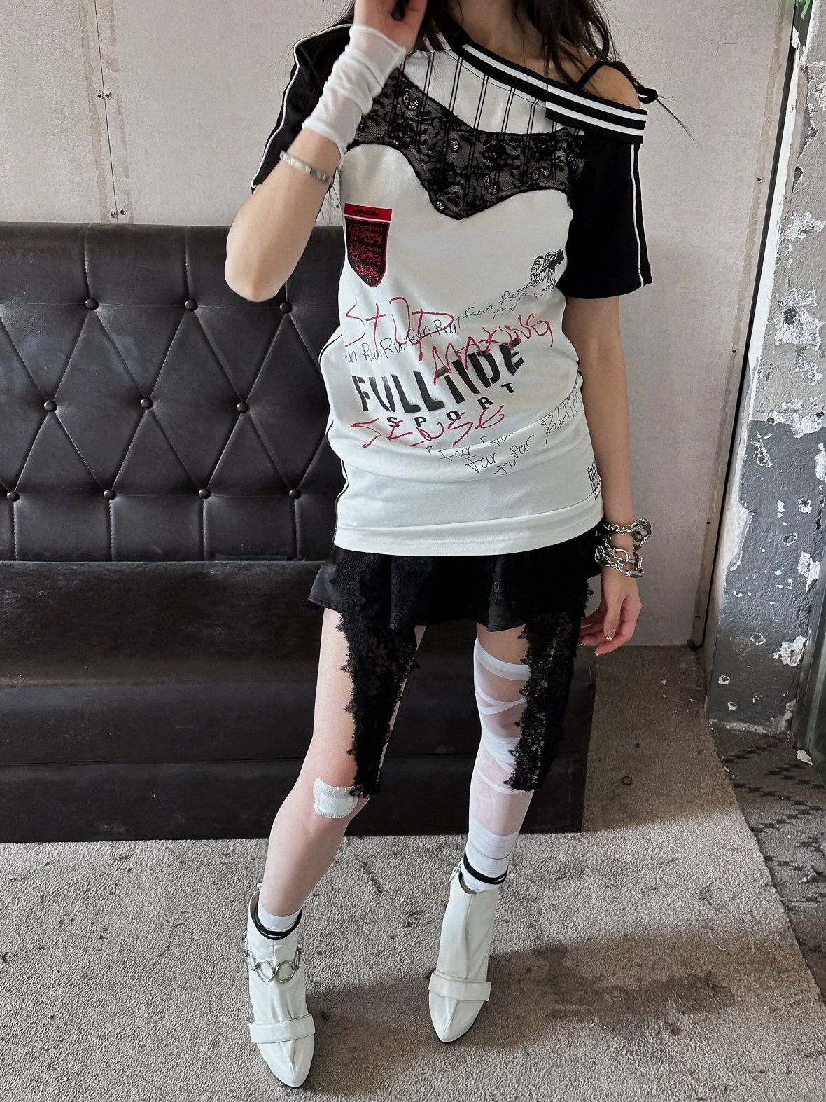 FULLTIDE 100 Percent Cupro Faux Layered Ins Asymmetric Lace U Neck Women T-Shirt