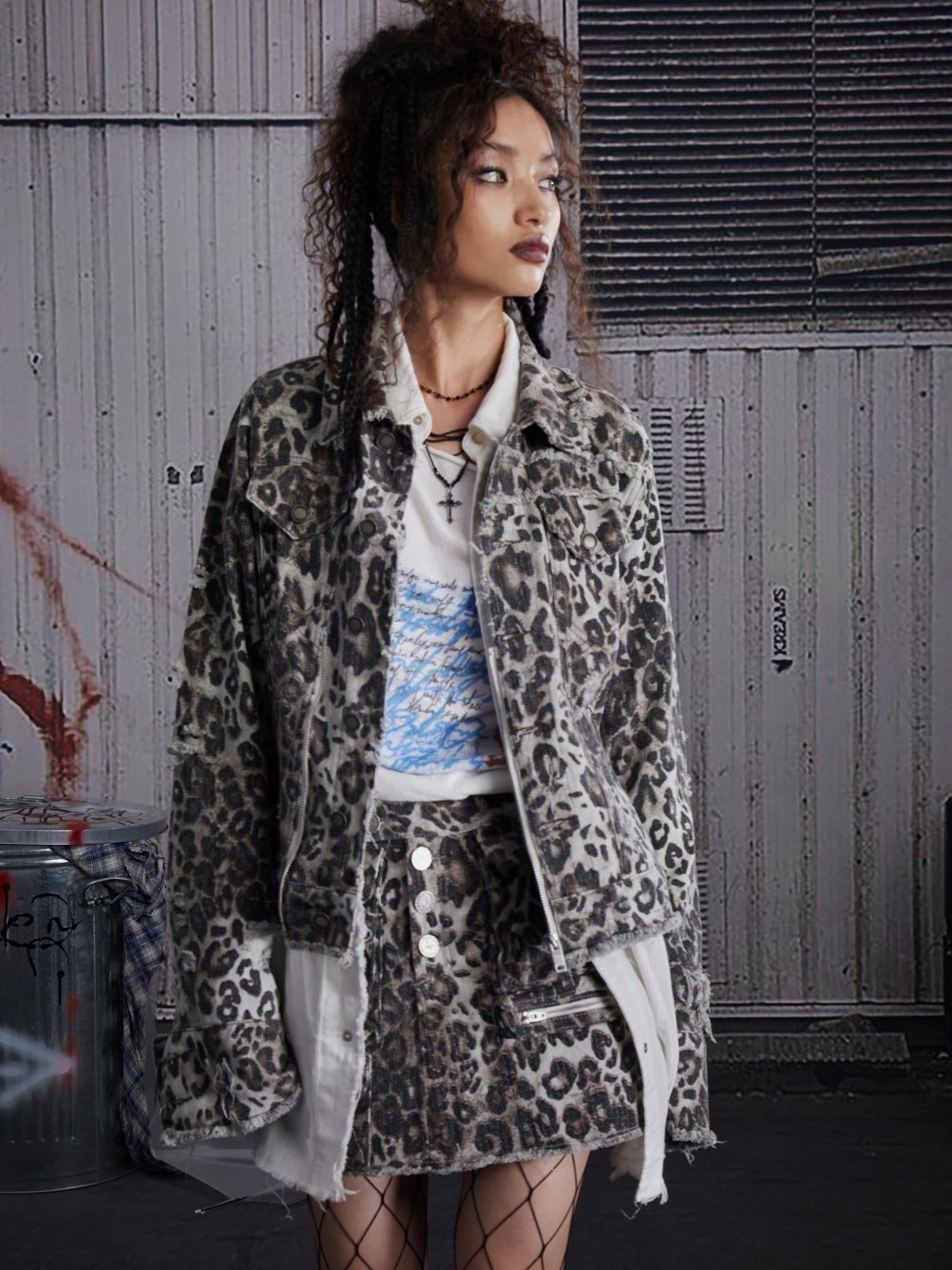 FULLTIDE All Cotton Denim Straight Fit Leopard Print Women Original Design Jacket