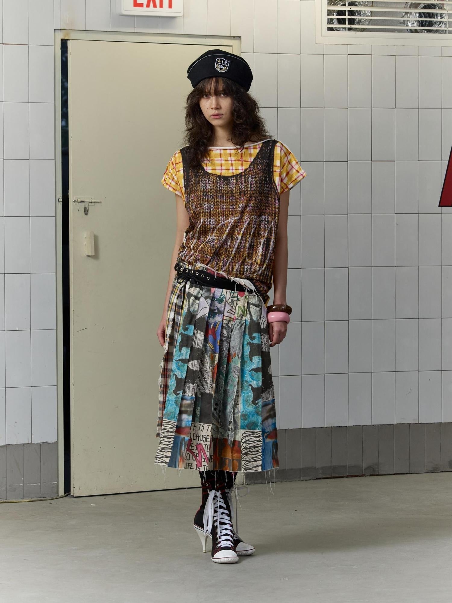 FULLTIDE Anti Exposure Graffiti Pleated Side Slit Mid Waist Women Cotton Midi Skirt