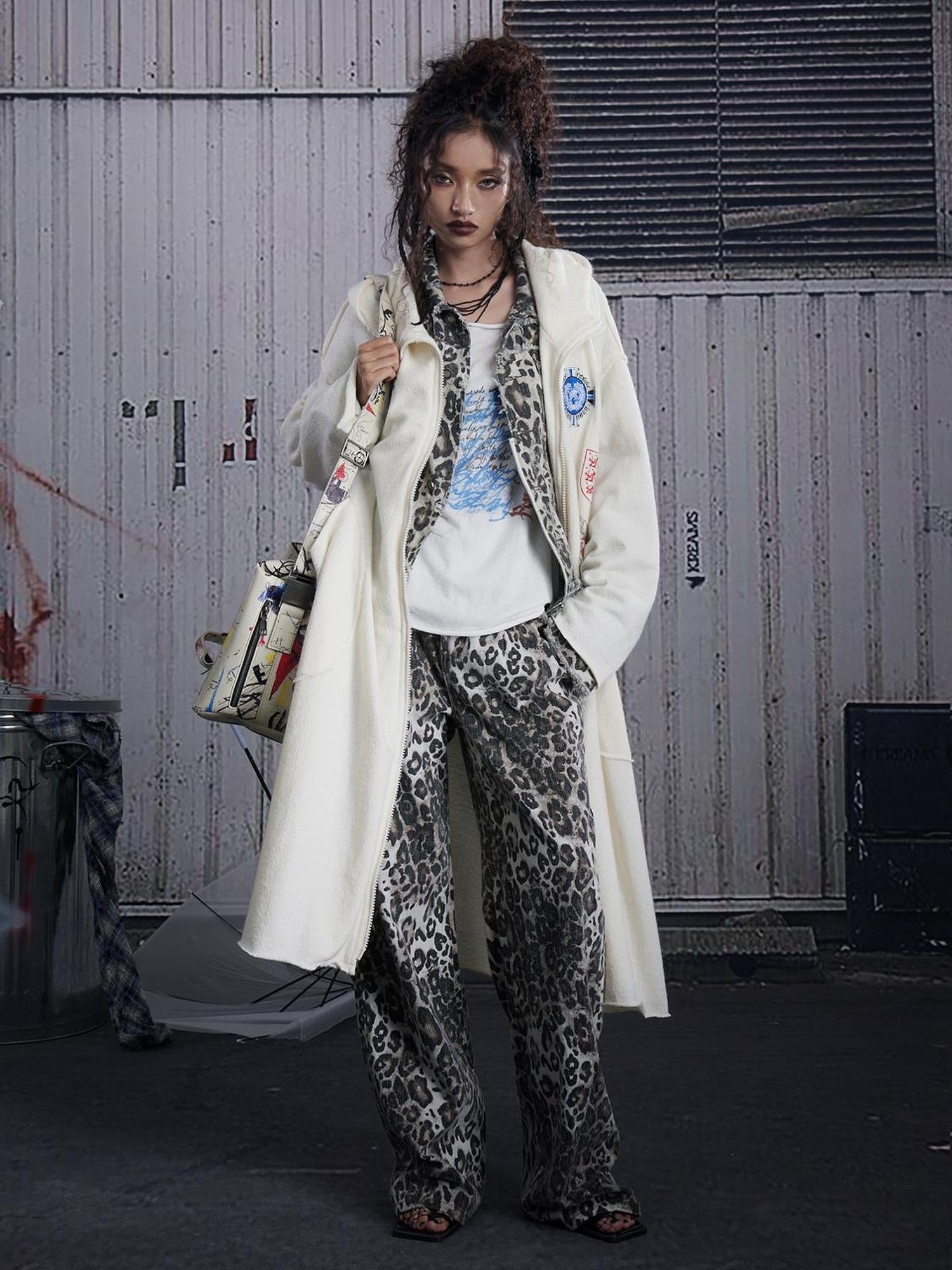 FULLTIDE Ash Gray Leopard Print Original Straight Leg Low Rise Women Cotton Pants