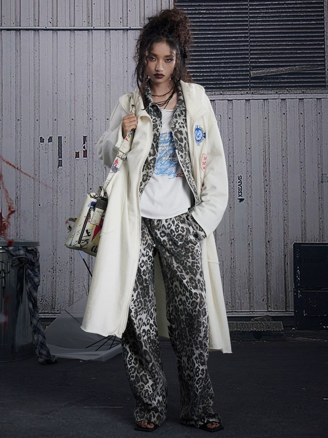 FULLTIDE Ash Gray Leopard Print Original Straight Leg Low Rise Women Cotton Pants