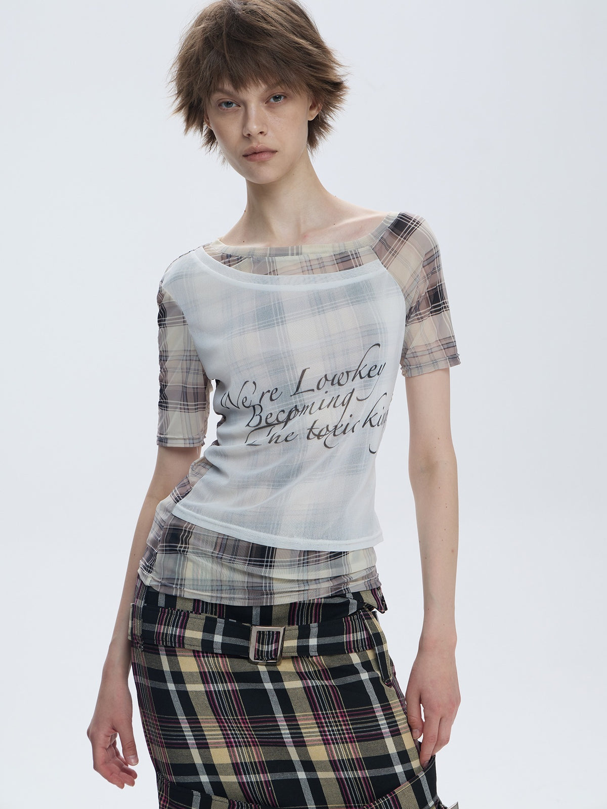 FULLTIDE_Asymmetric_Deconstructed_Plaid_Letter_Print_Mesh_One_Shoulder_Slim_Women&