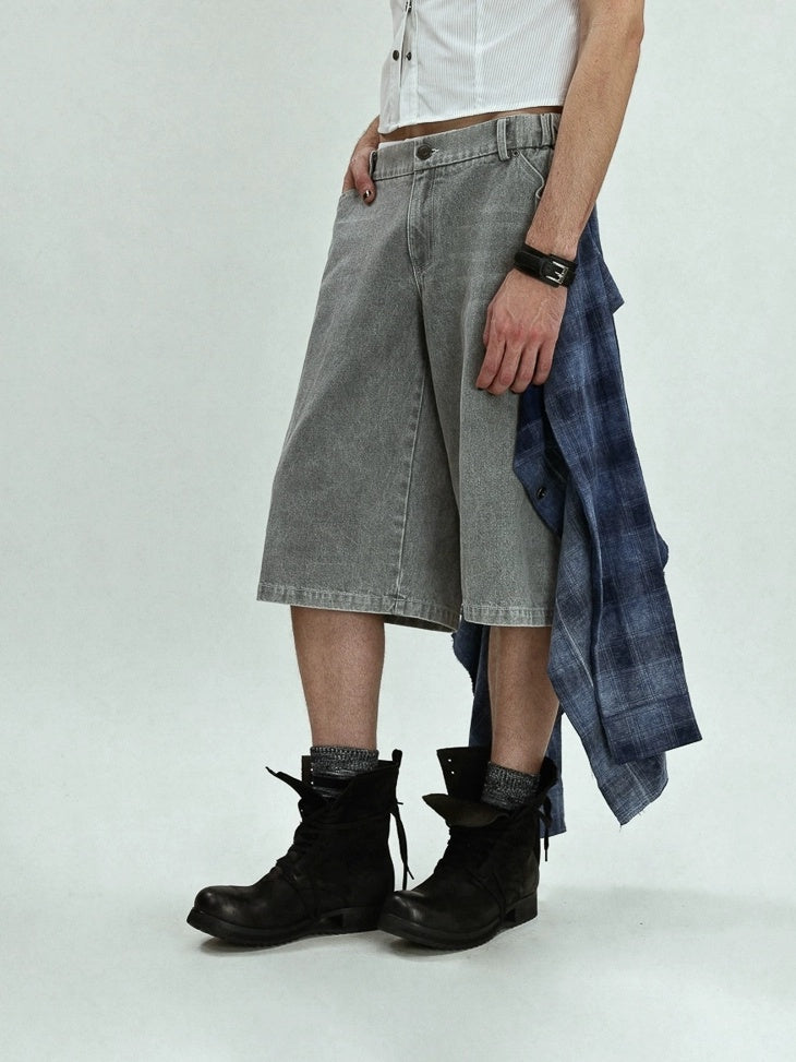 FULLTIDE Asymmetric Distressed Low Rise Street Punk Workwear Denim Cotton Women Shorts