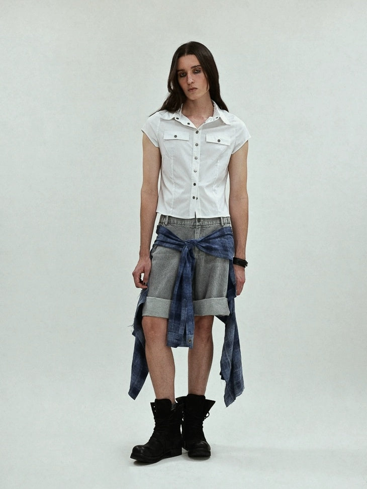 FULLTIDE Asymmetric Distressed Low Rise Street Punk Workwear Denim Cotton Women Shorts