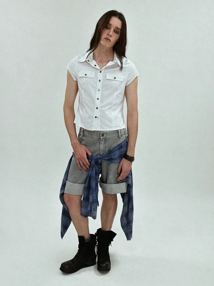 FULLTIDE Asymmetric Distressed Low Rise Street Punk Workwear Denim Cotton Women Shorts