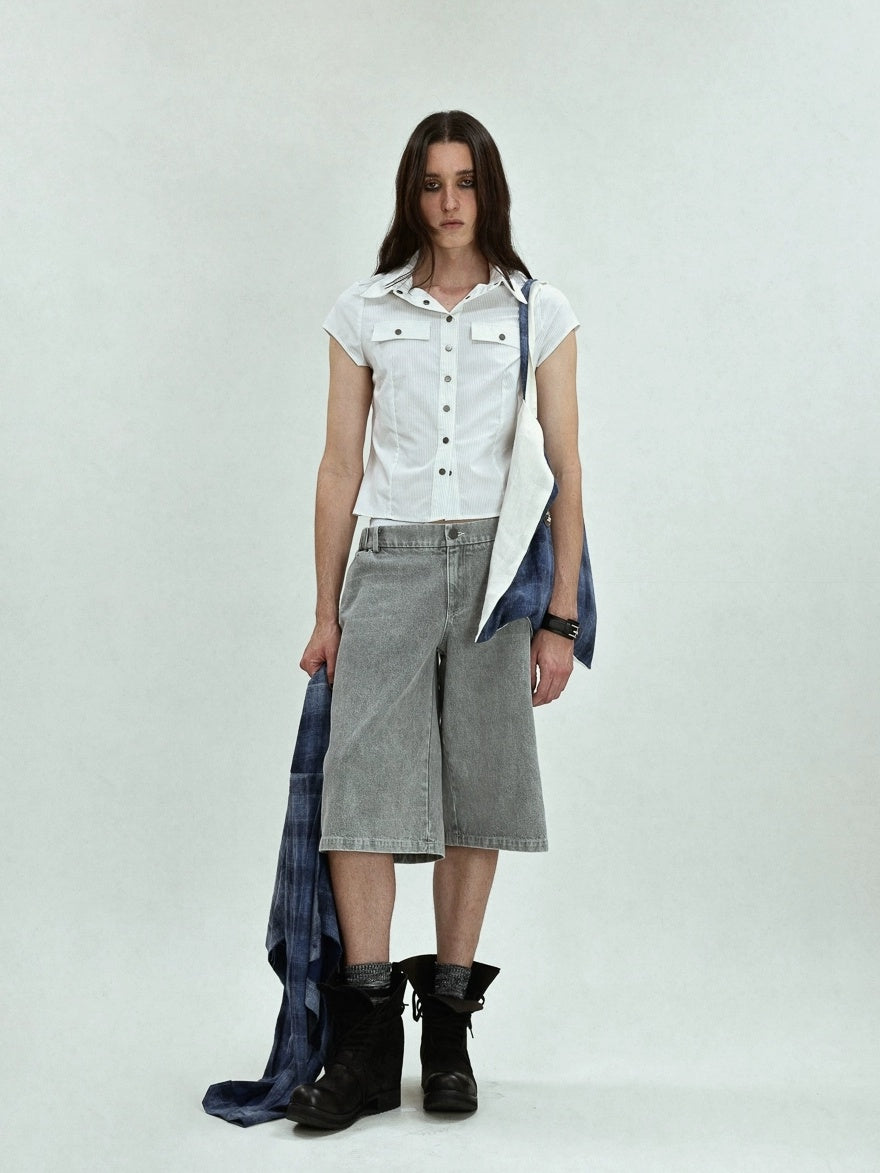 FULLTIDE Asymmetric Distressed Low Rise Street Punk Workwear Denim Cotton Women Shorts