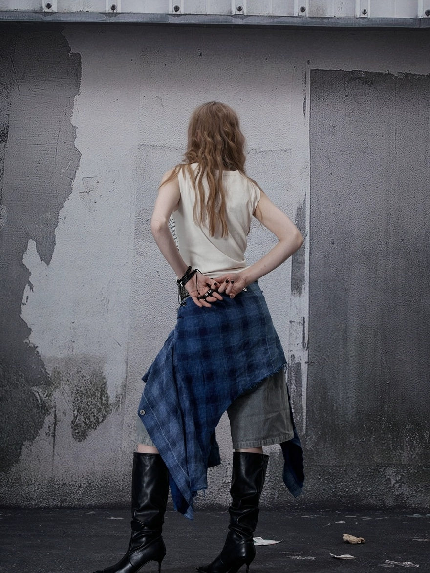 FULLTIDE Asymmetric Distressed Low Rise Street Punk Workwear Denim Cotton Women Shorts