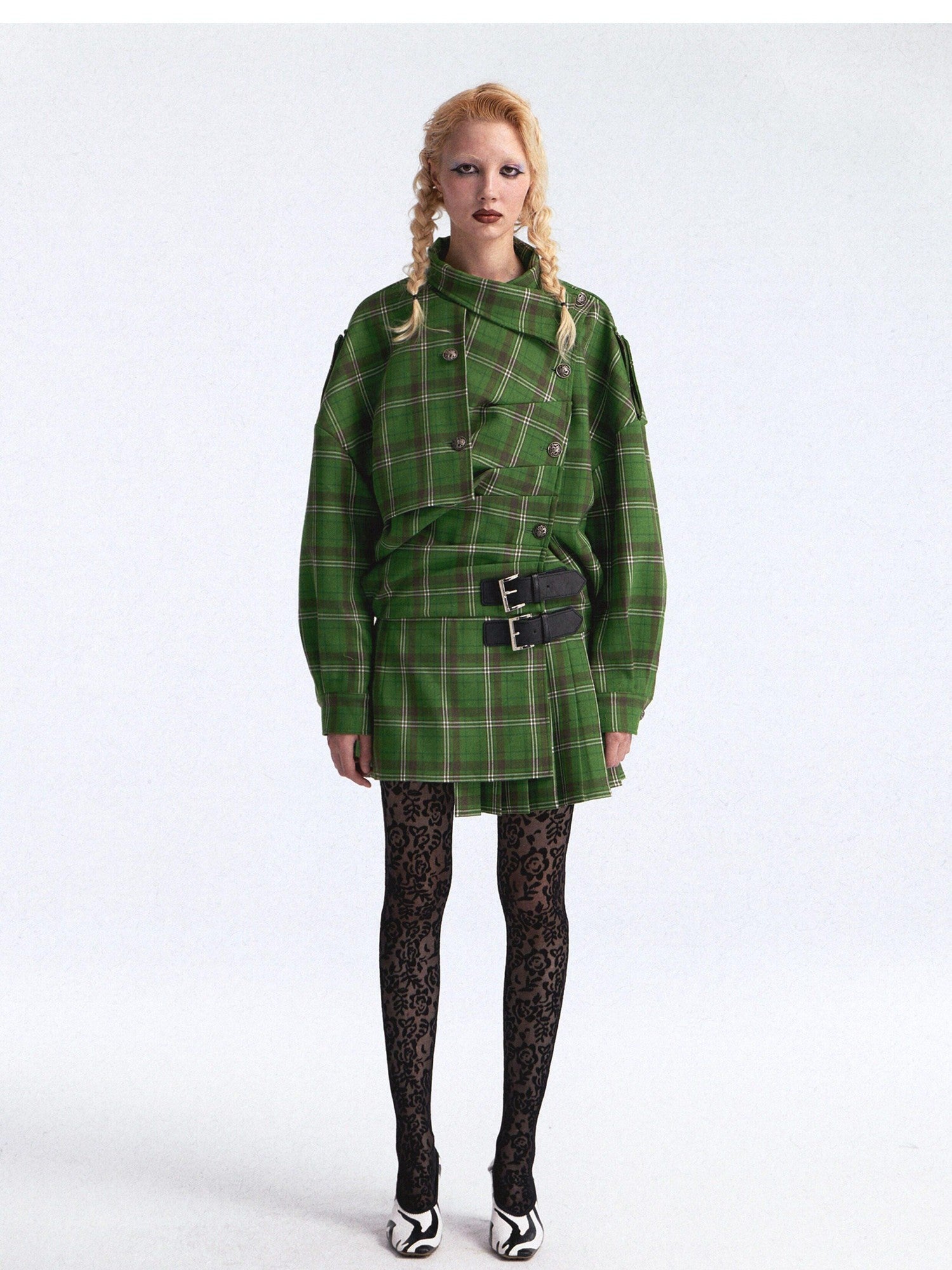 FULLTIDE Asymmetric Plaid Double Breasted Cinched Waist Women&