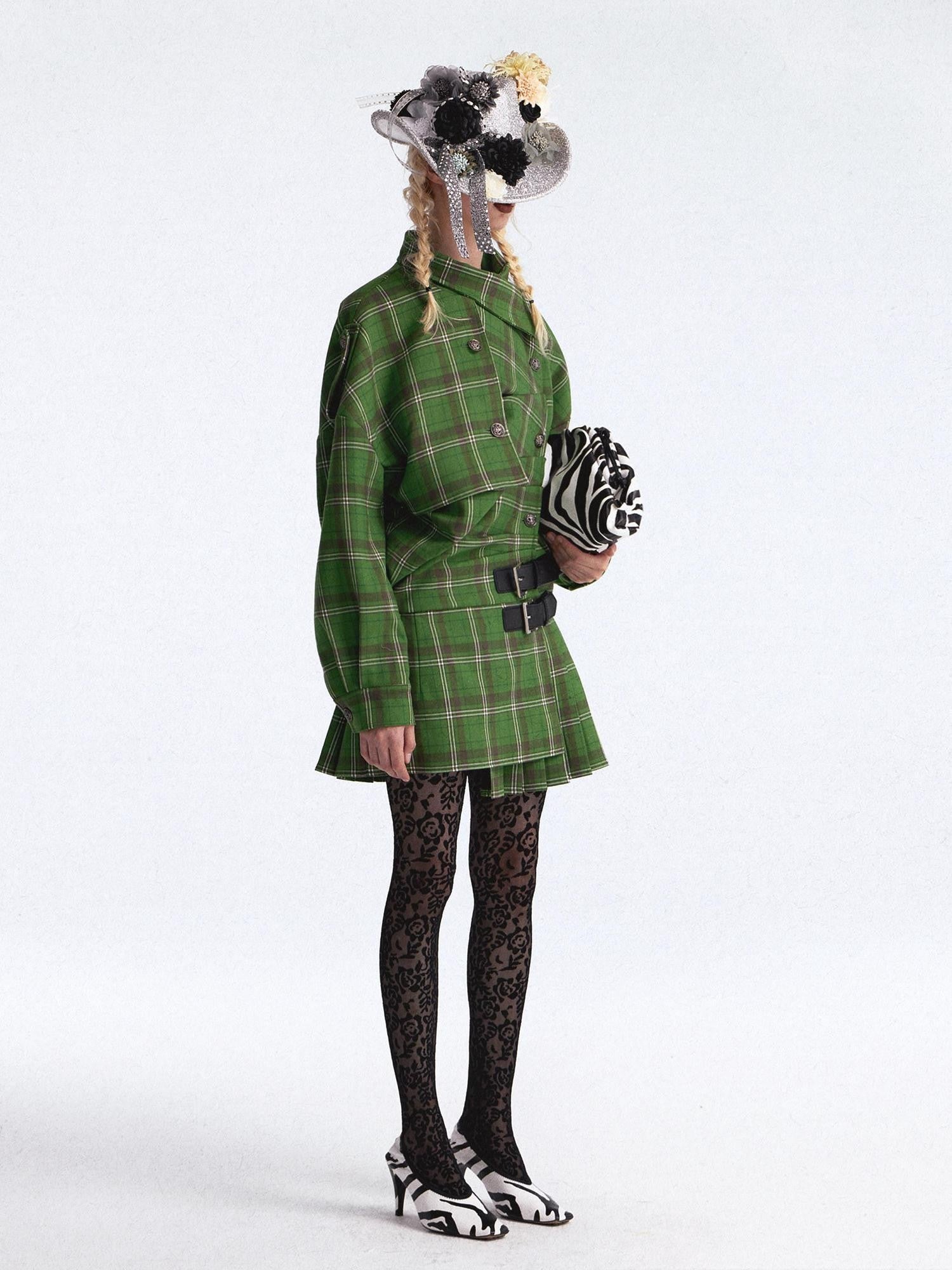 FULLTIDE Asymmetric Plaid Double Breasted Cinched Waist Women&