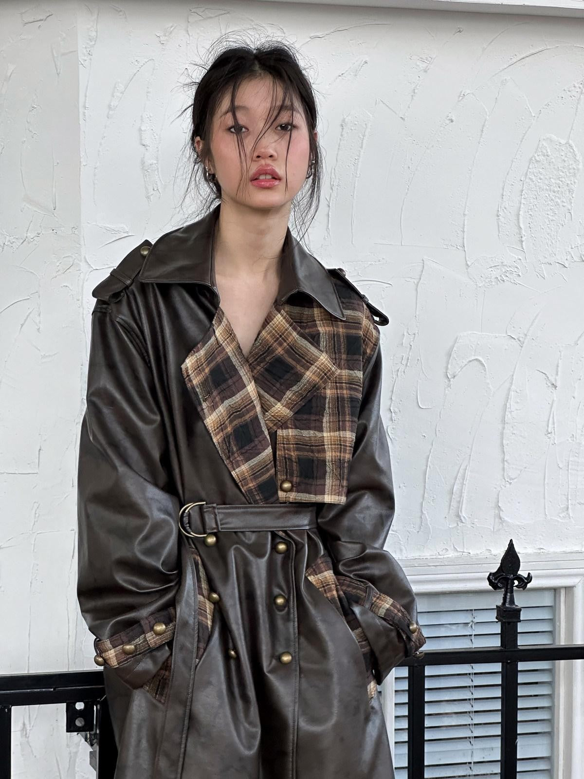 FULLTIDE Black Brown Plaid Patchwork Double Breasted Women&
