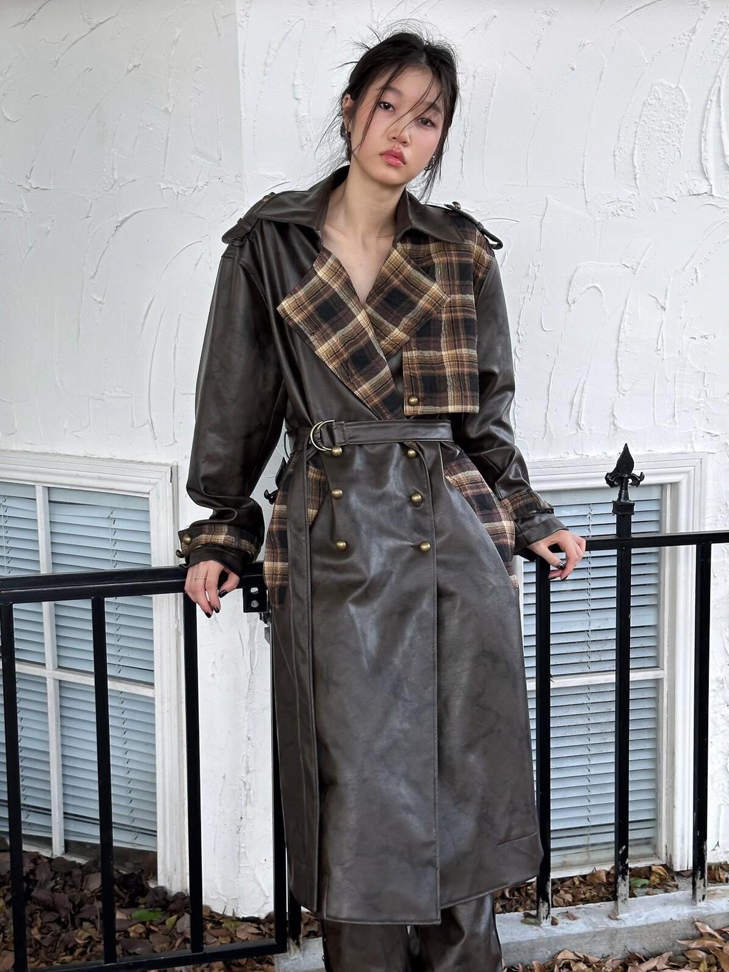 FULLTIDE Black Brown Plaid Patchwork Double Breasted Women&