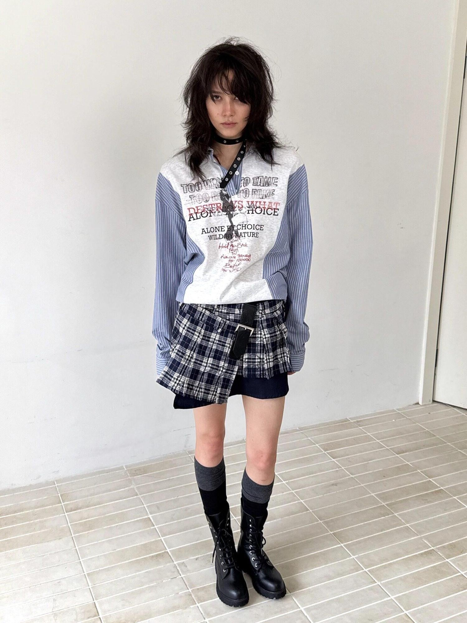 FULLTIDE Blue White Graffiti Printed Patchwork Striped Women&