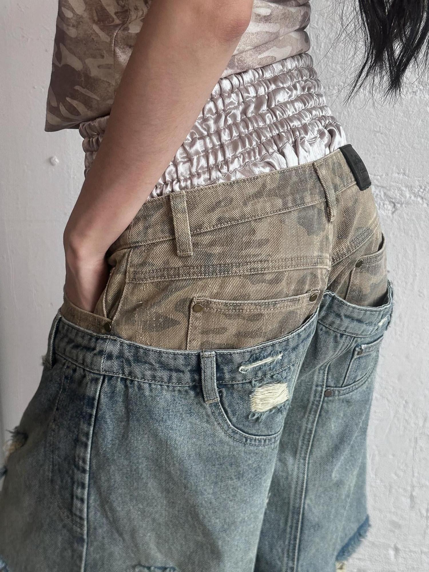 FULLTIDE Camo Deconstructed Patchwork Distressed Low Waist Women&