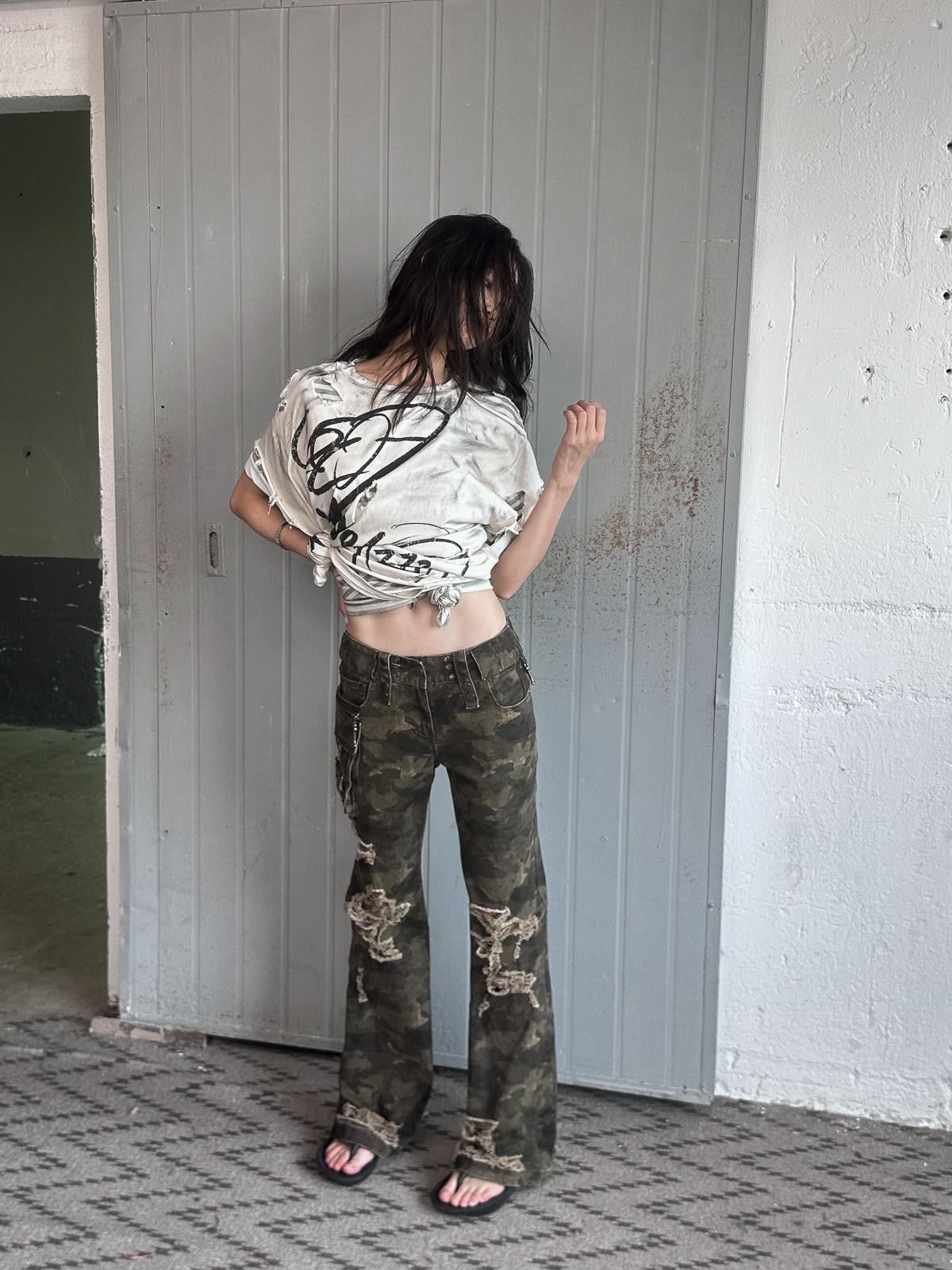 FULLTIDE Camo Distressed Washed Low Rise Bootcut Women&