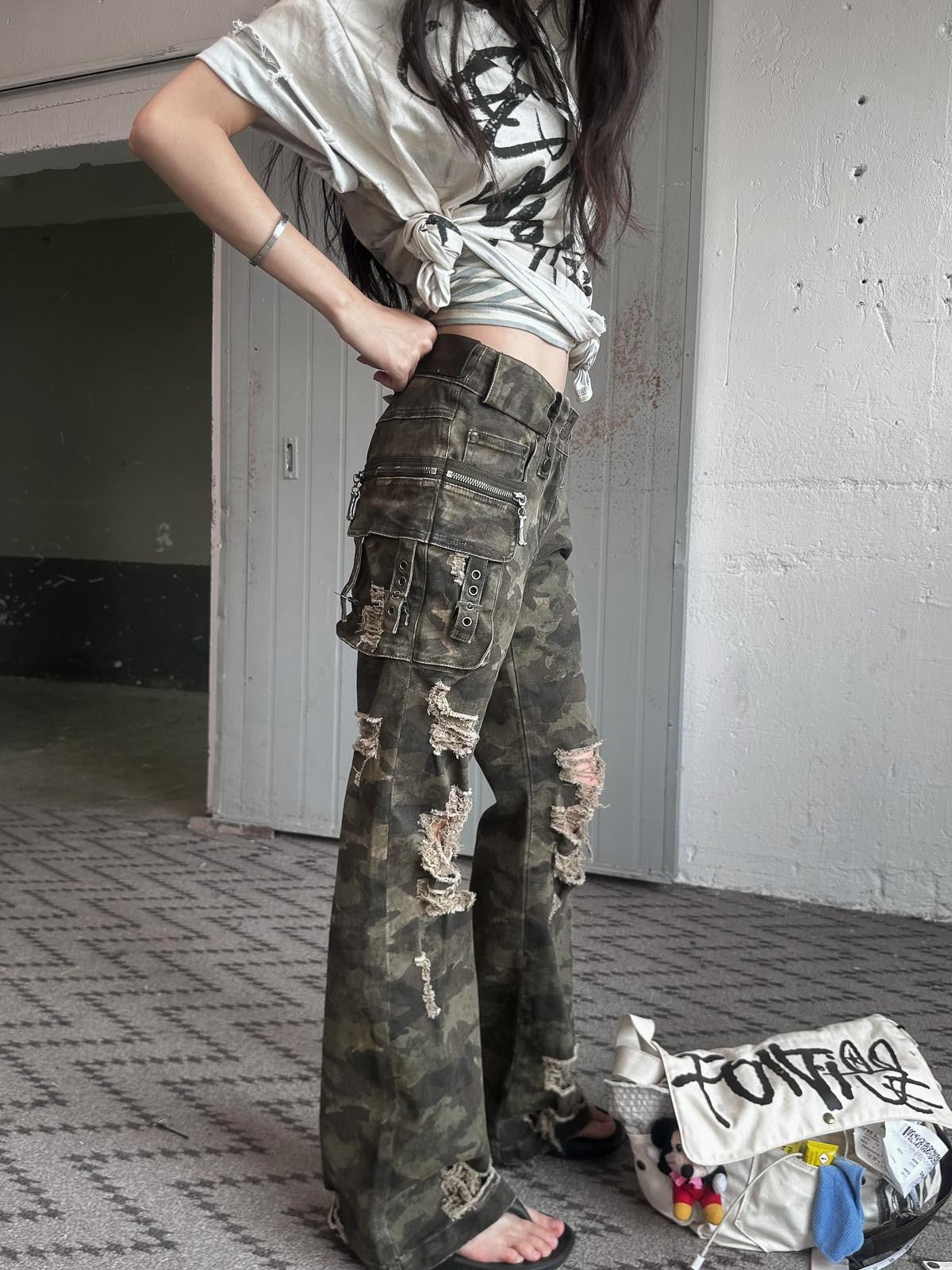 FULLTIDE Camo Distressed Washed Low Rise Bootcut Women&