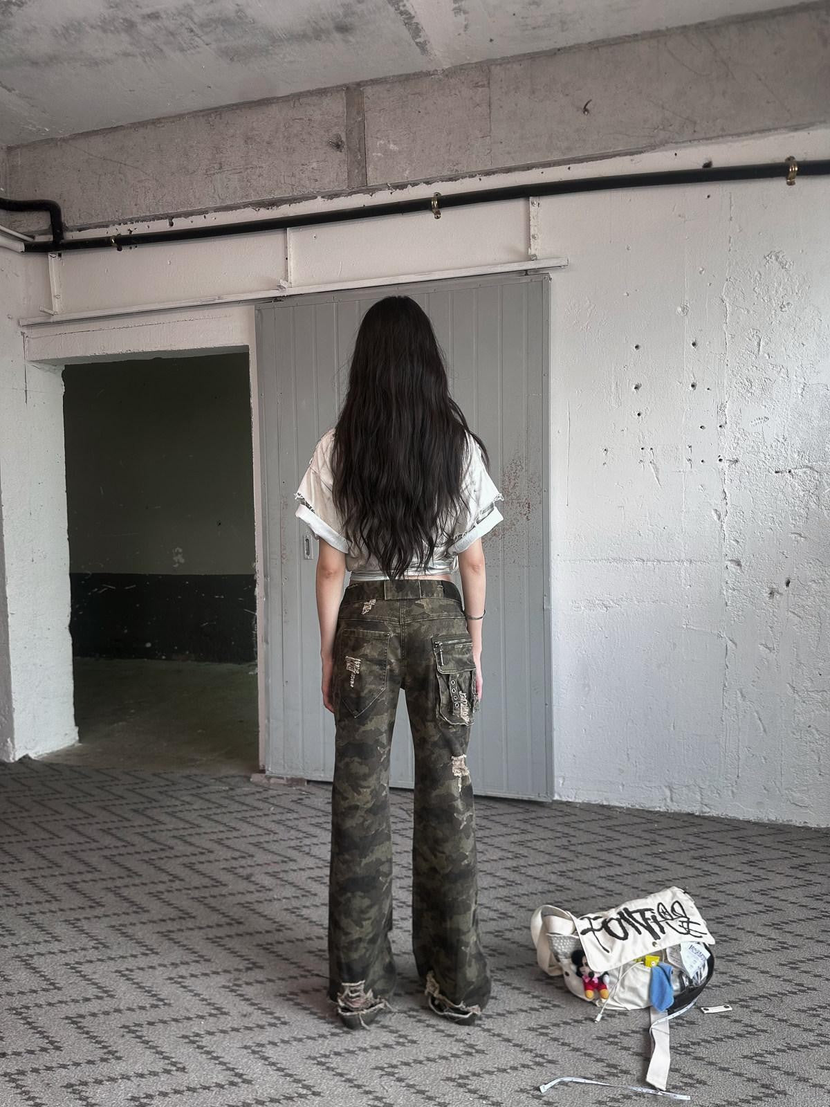 FULLTIDE Camo Distressed Washed Low Rise Bootcut Women&