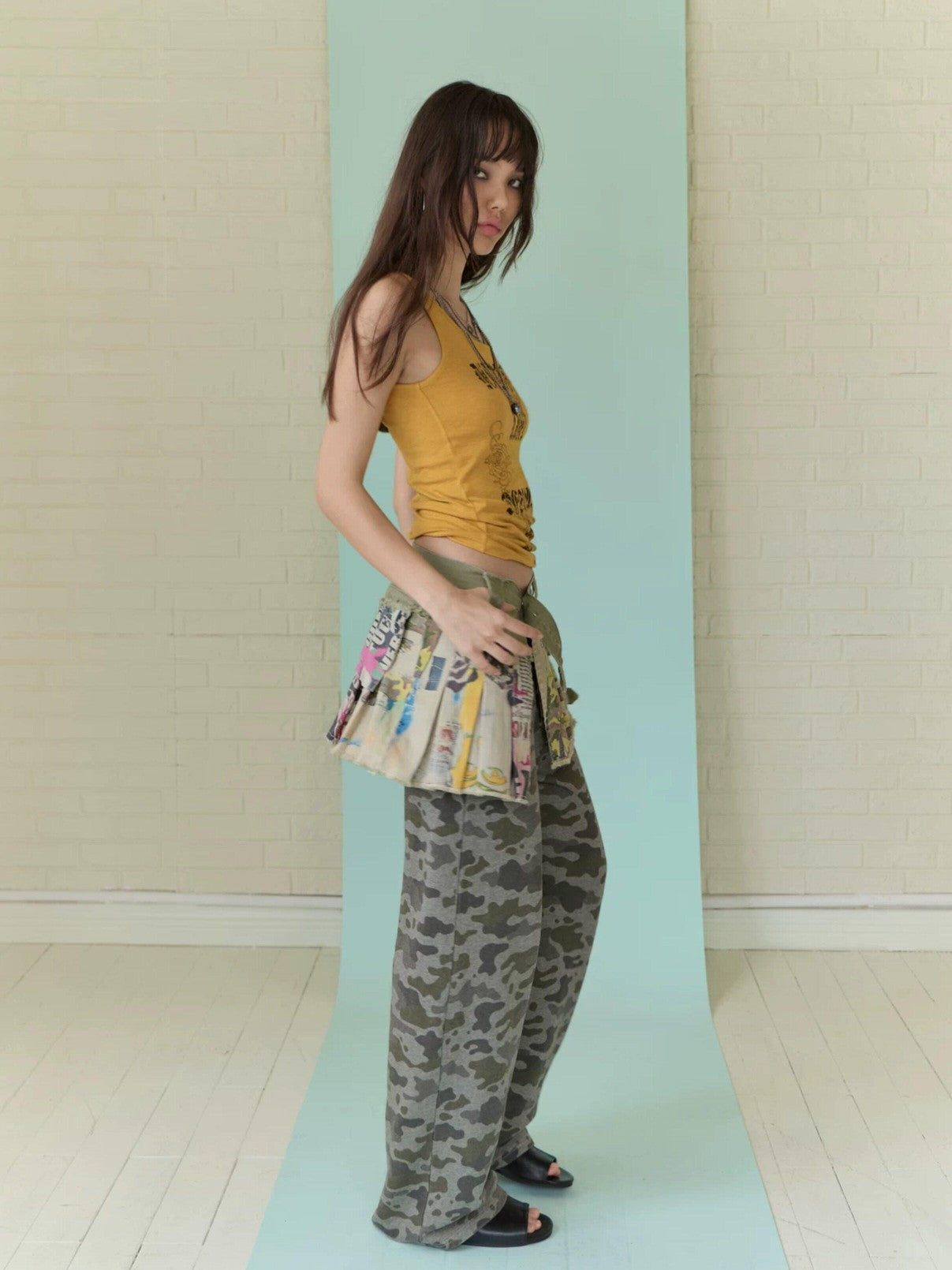 FULLTIDE Camo Washed Asymmetric Low Rise Double Waist Women&