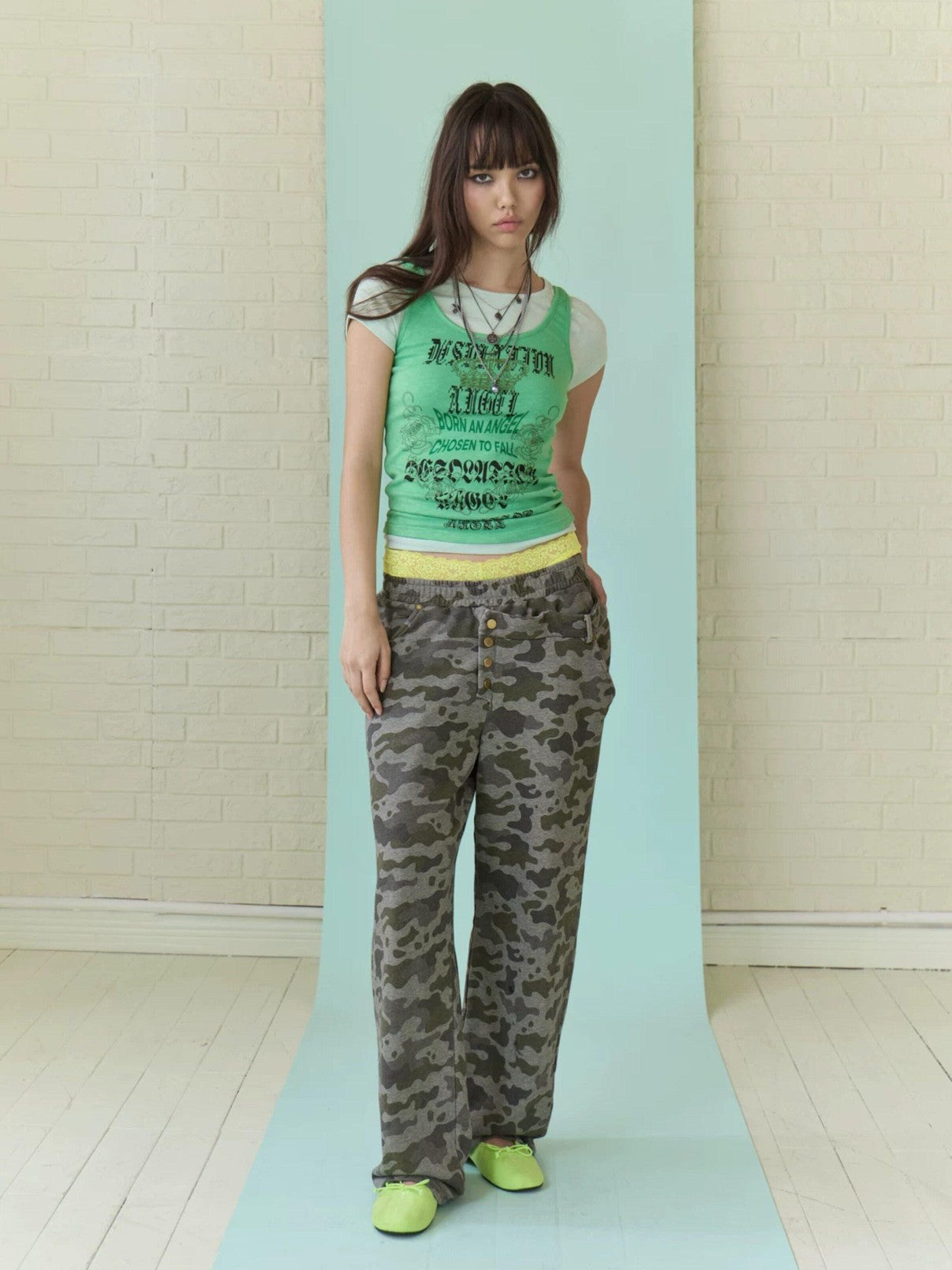 FULLTIDE Camo Washed Asymmetric Low Rise Double Waist Women&