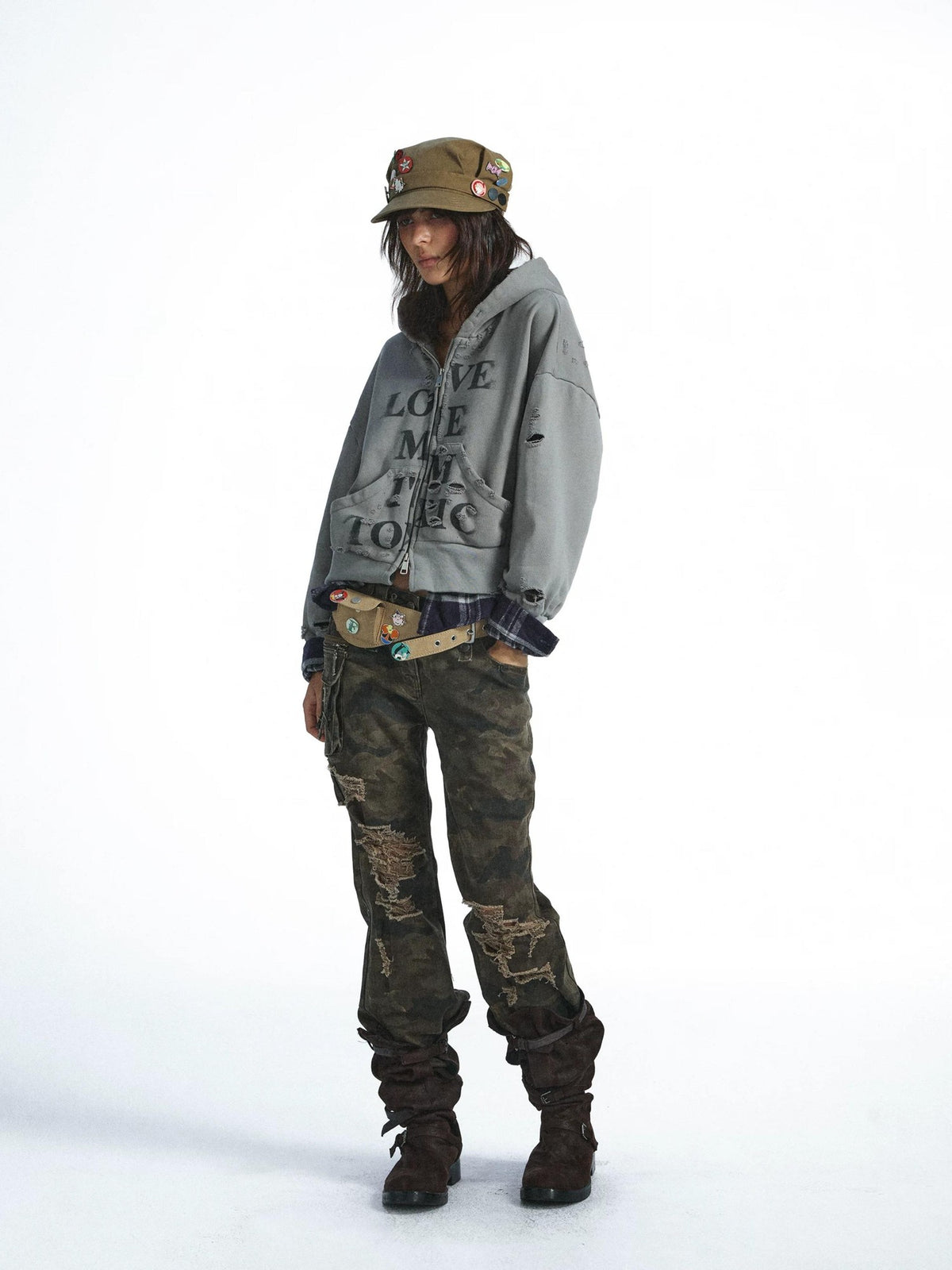 FULLTIDE Camouflage Distressed Patchwork Multi Pocket Low Waist Women&