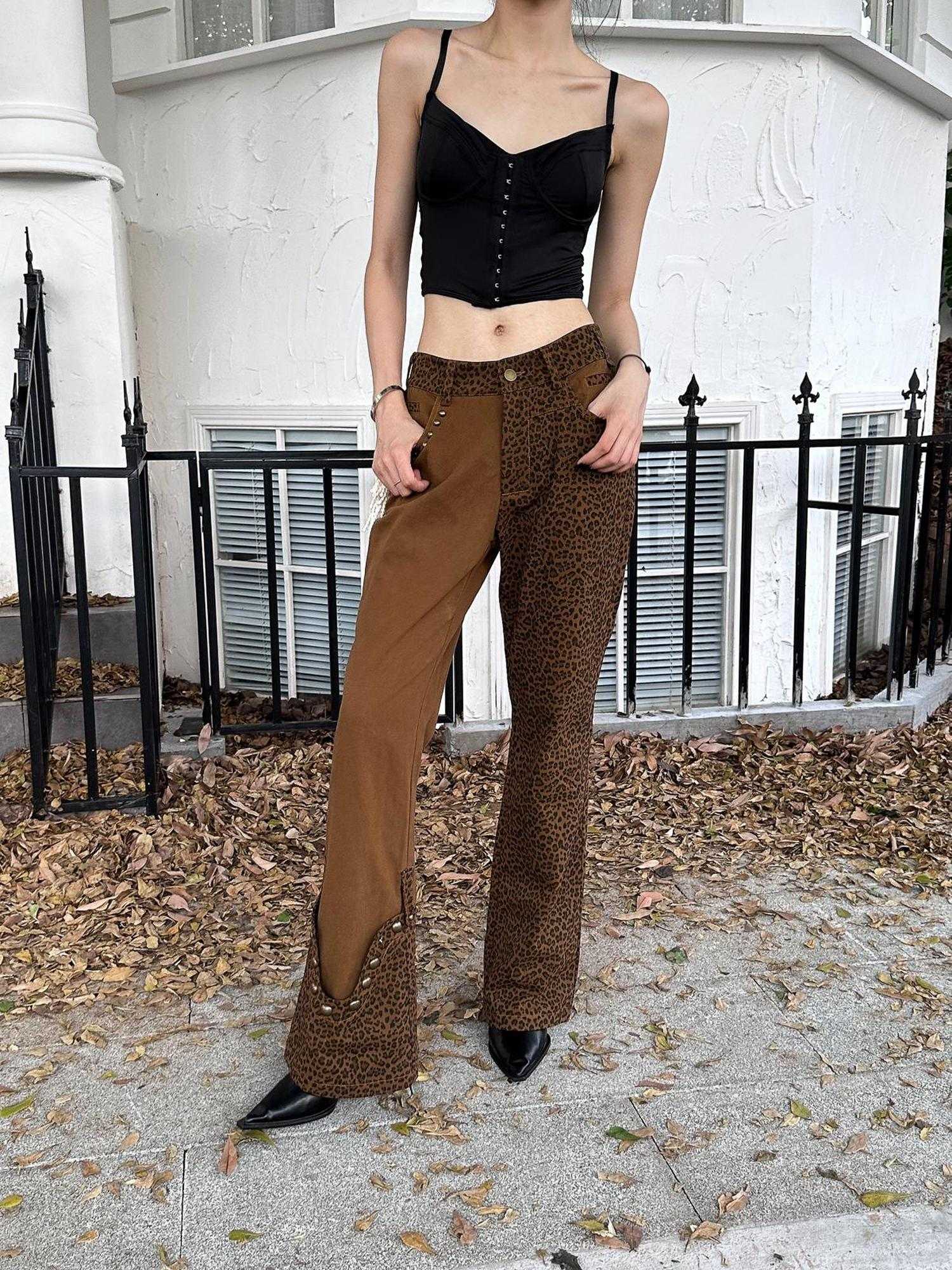 FULLTIDE Comfortable Cotton Micro Flare Office Pockets Natural Waist Women Brown Pants