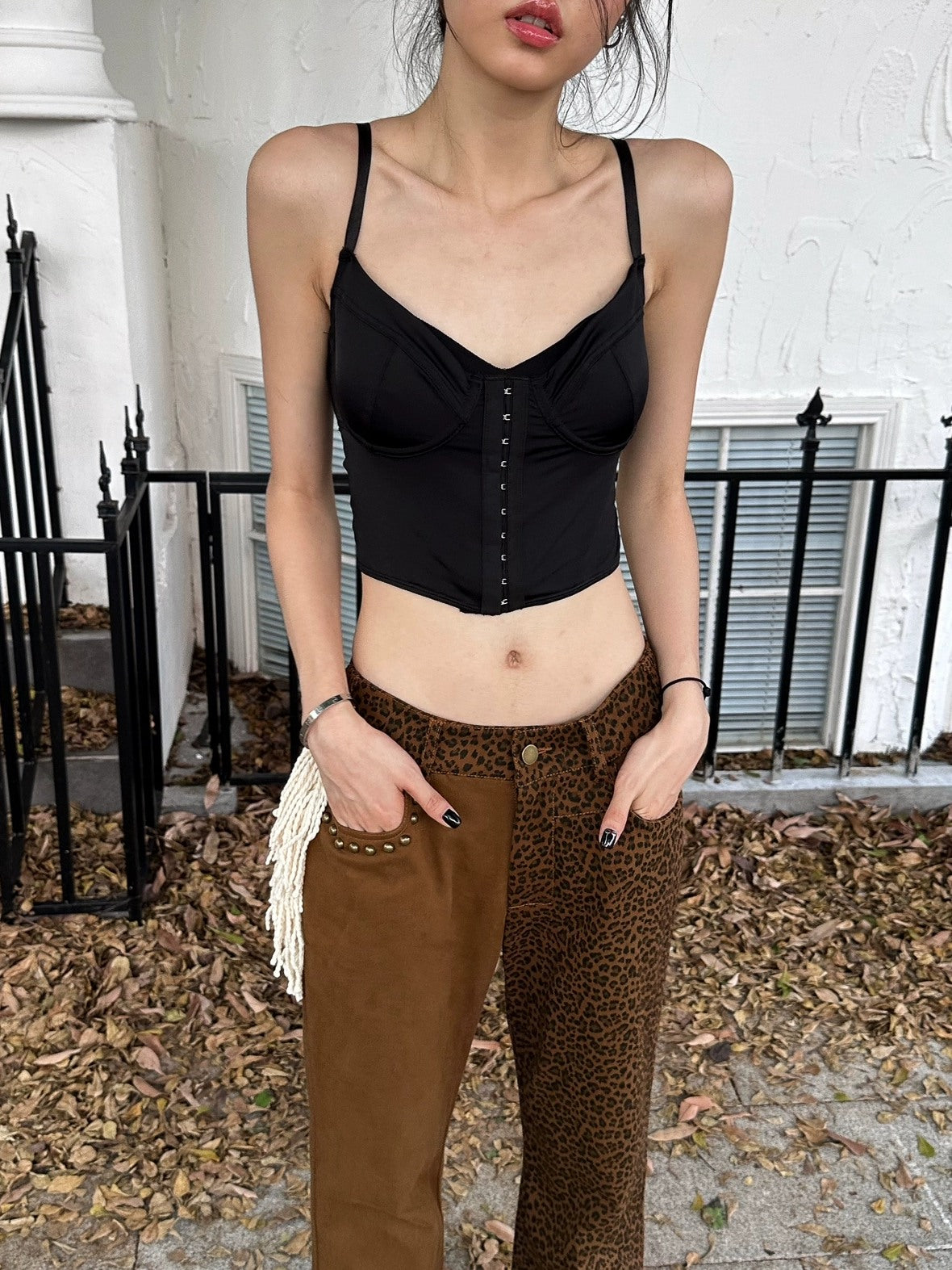 FULLTIDE Comfortable Cotton Micro Flare Office Pockets Natural Waist Women Brown Pants