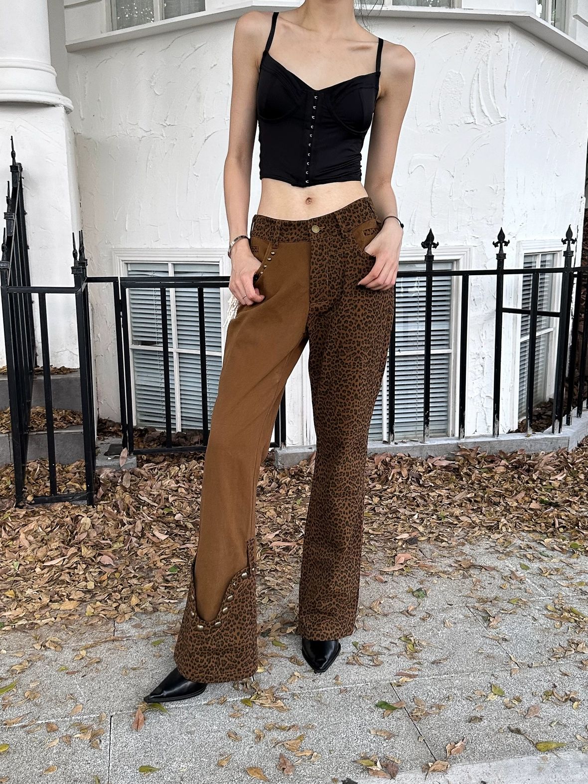 FULLTIDE Comfortable Cotton Micro Flare Office Pockets Natural Waist Women Brown Pants