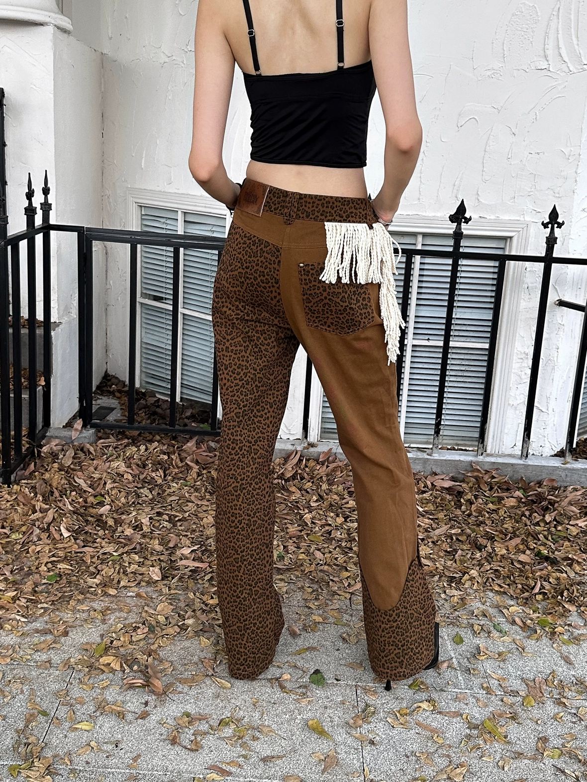 FULLTIDE Comfortable Cotton Micro Flare Office Pockets Natural Waist Women Brown Pants