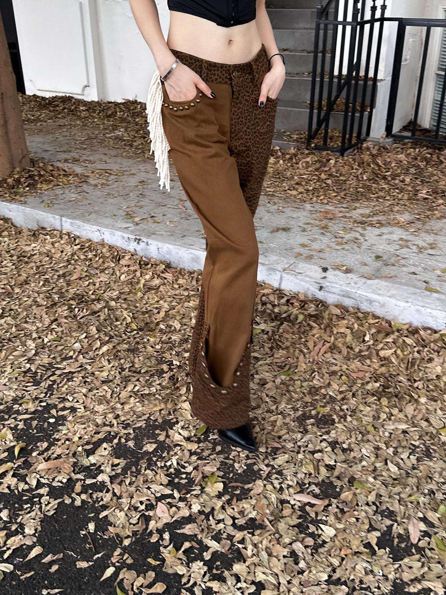 FULLTIDE Comfortable Cotton Micro Flare Office Pockets Natural Waist Women Brown Pants