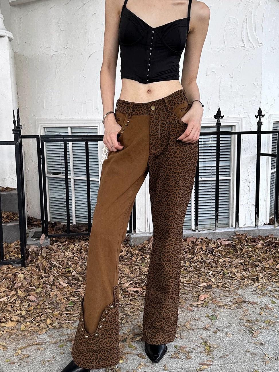 FULLTIDE Comfortable Cotton Micro Flare Office Pockets Natural Waist Women Brown Pants