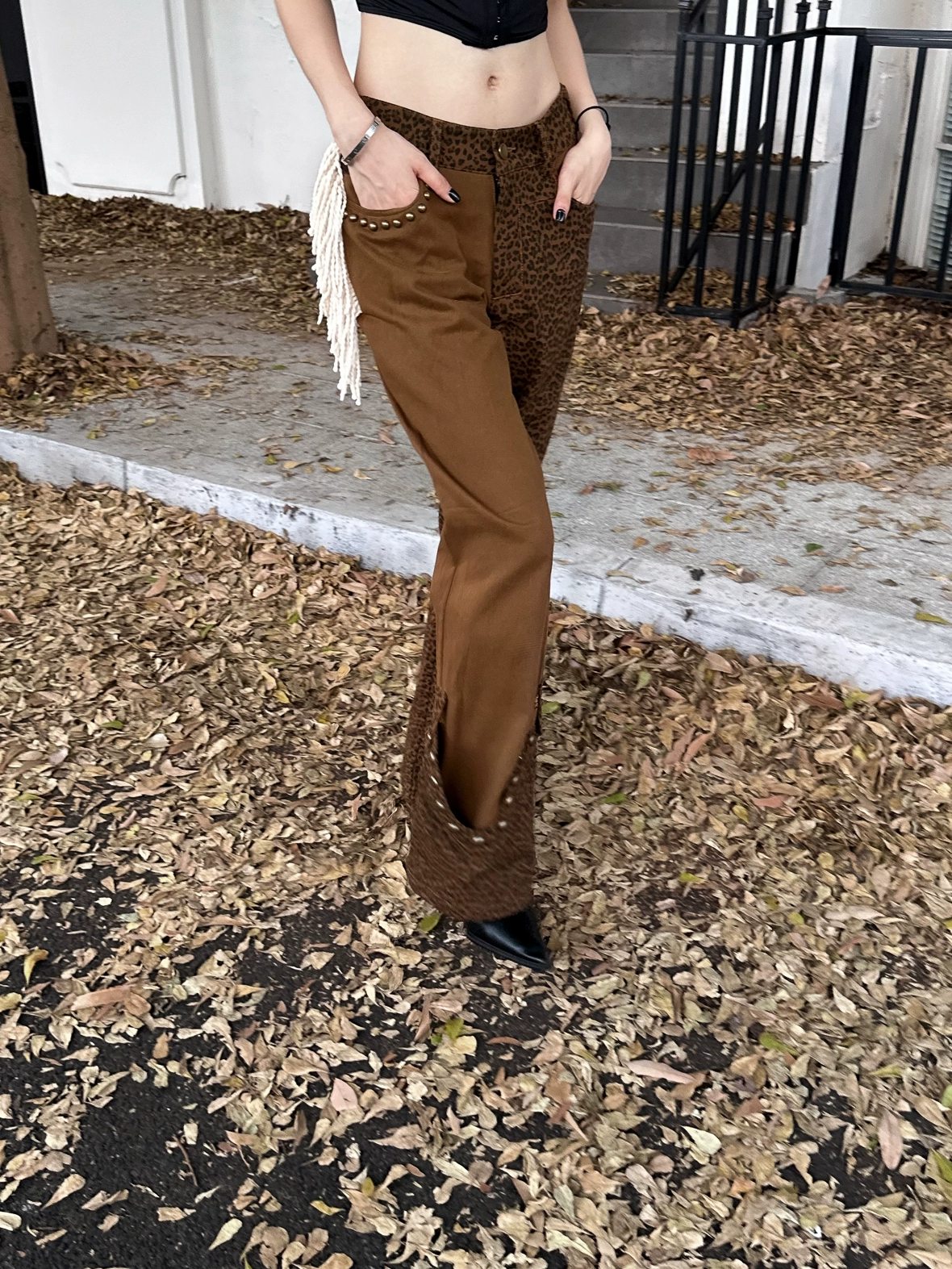 FULLTIDE Comfortable Cotton Micro Flare Office Pockets Natural Waist Women Brown Pants