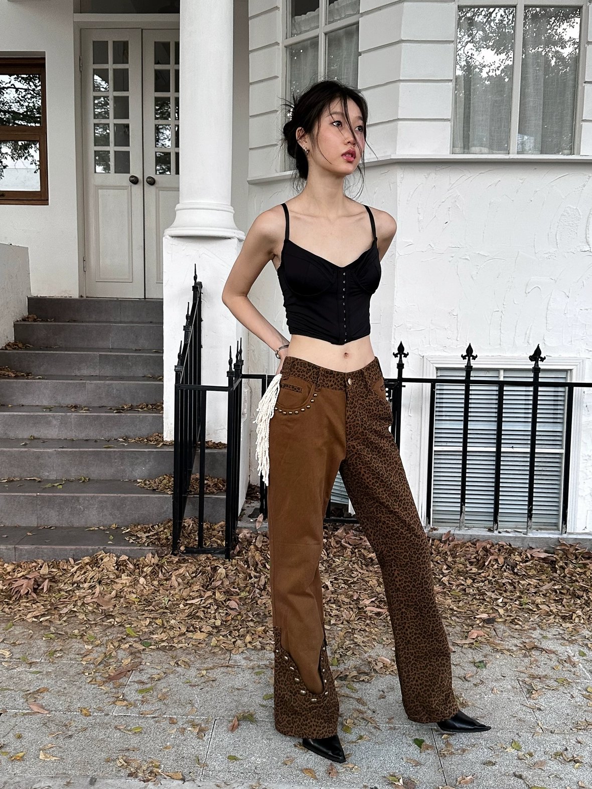 FULLTIDE Comfortable Cotton Micro Flare Office Pockets Natural Waist Women Brown Pants