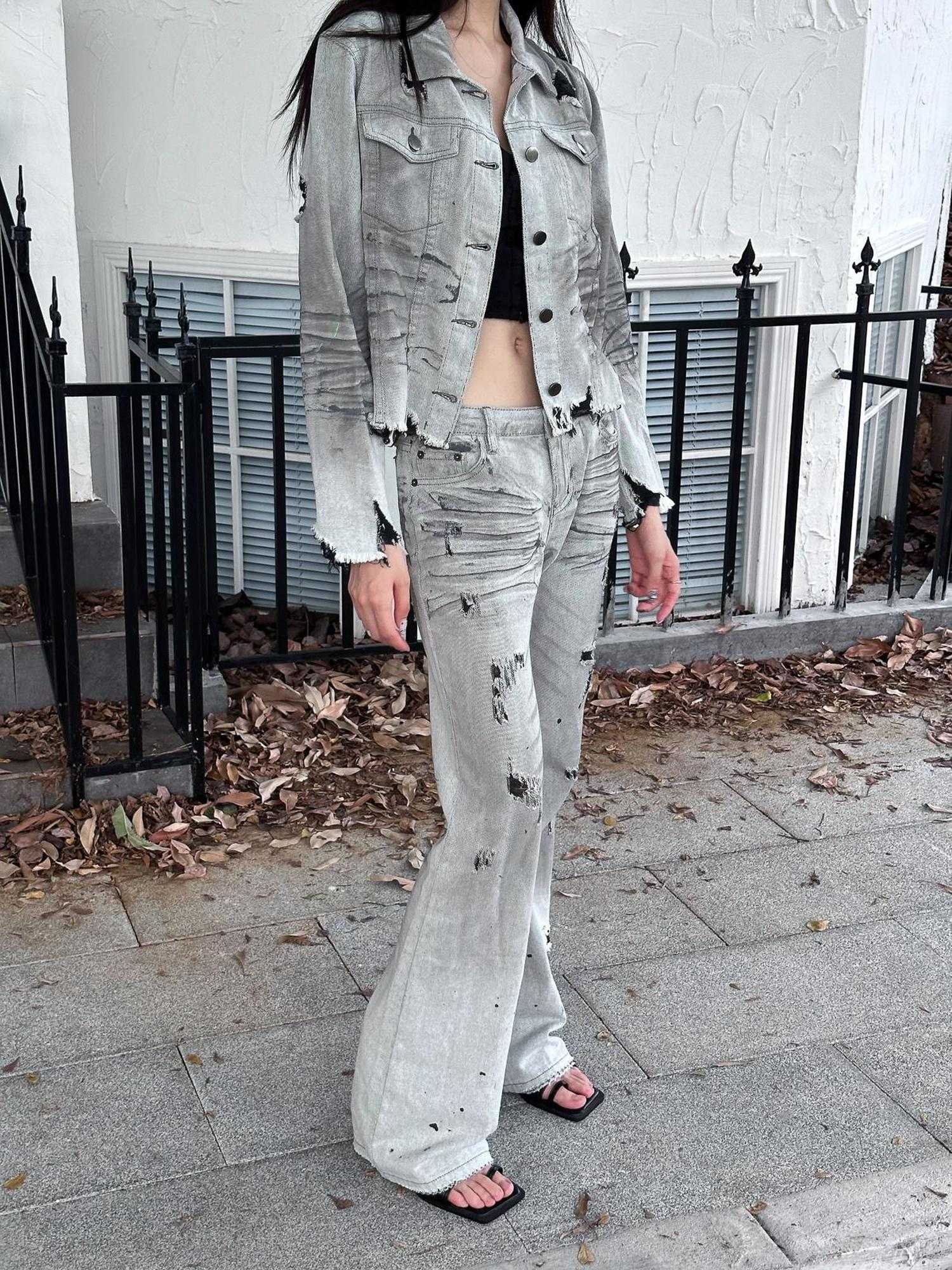 FULLTIDE Cooling Distressed Low Rise Wide Leg Light Wash Women Denim Jeans