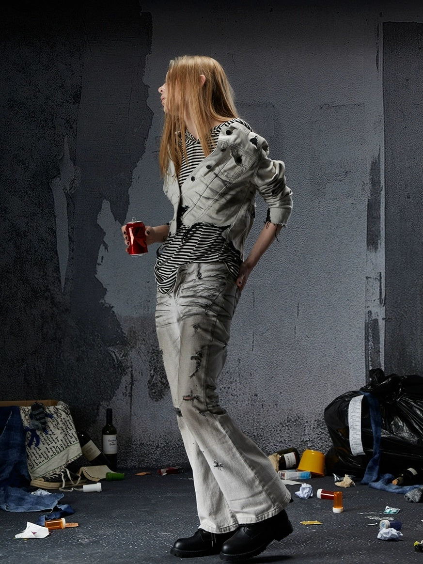 FULLTIDE Cooling Distressed Low Rise Wide Leg Light Wash Women Denim Jeans