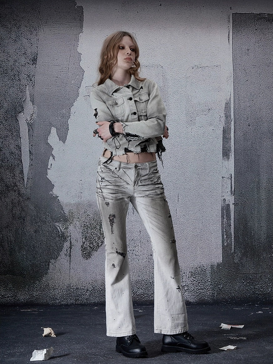 FULLTIDE Cooling Distressed Low Rise Wide Leg Light Wash Women Denim Jeans