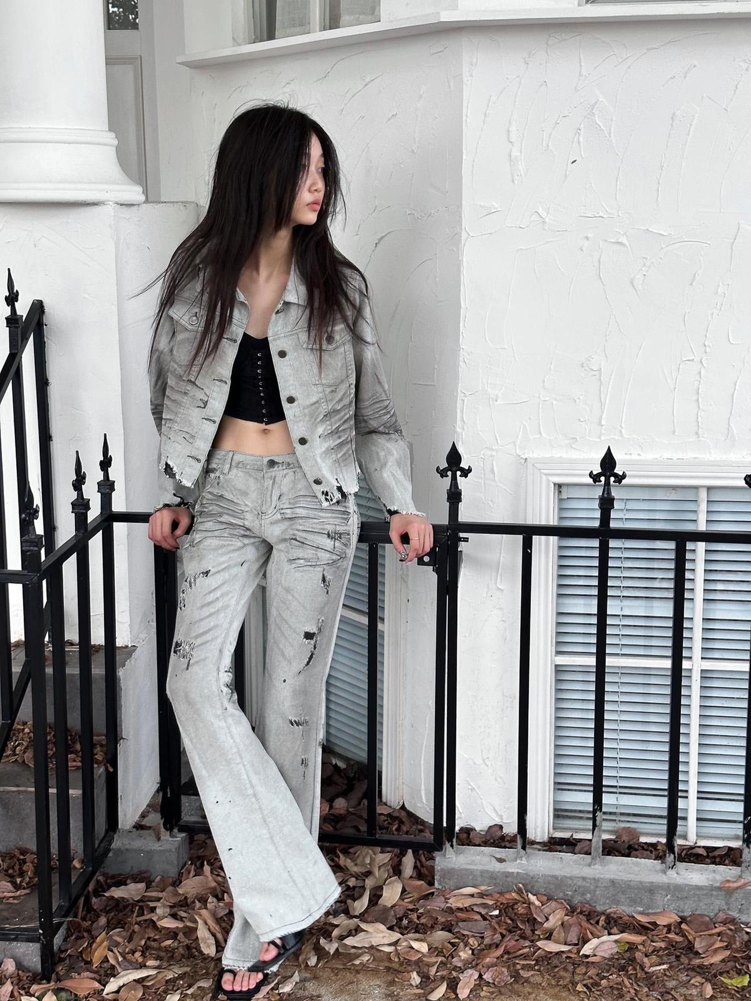 FULLTIDE Cooling Distressed Low Rise Wide Leg Light Wash Women Denim Jeans